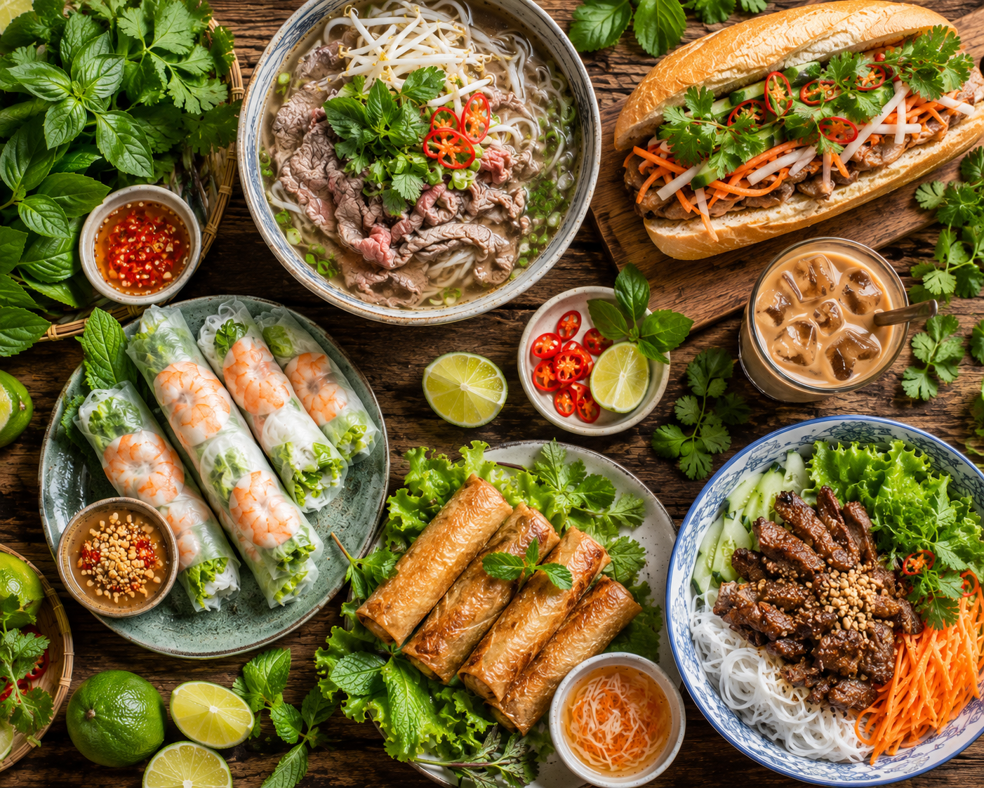 A spread of Vietnamese dishes including pho, banh mi, spring rolls, and Vietnamese iced coffee