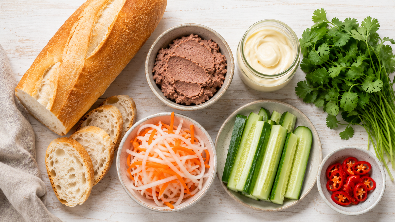 Banh mi ingredients including baguette, pate, pickled daikon and carrot, cucumber, cilantro, and chili