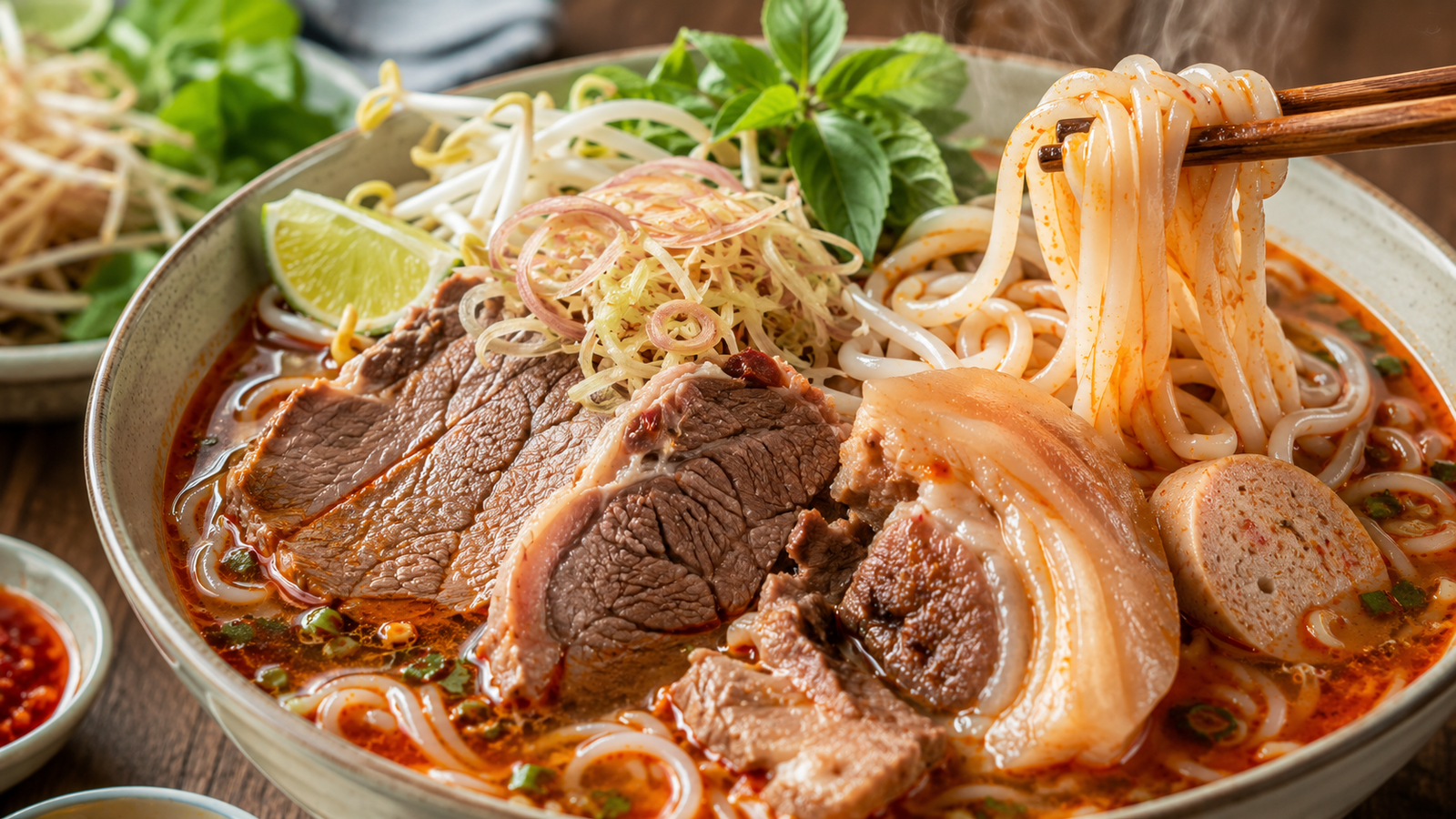 Bowl of bun bo Hue with spicy red broth, thick round rice noodles, beef, and herbs