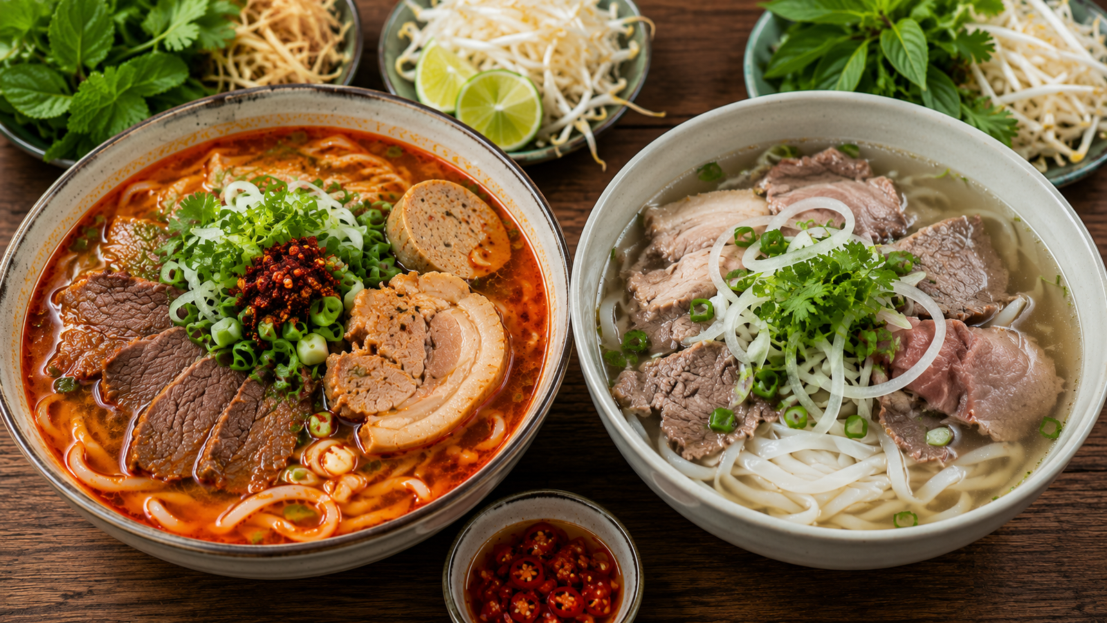 Bun bo Hue and pho side by side comparison