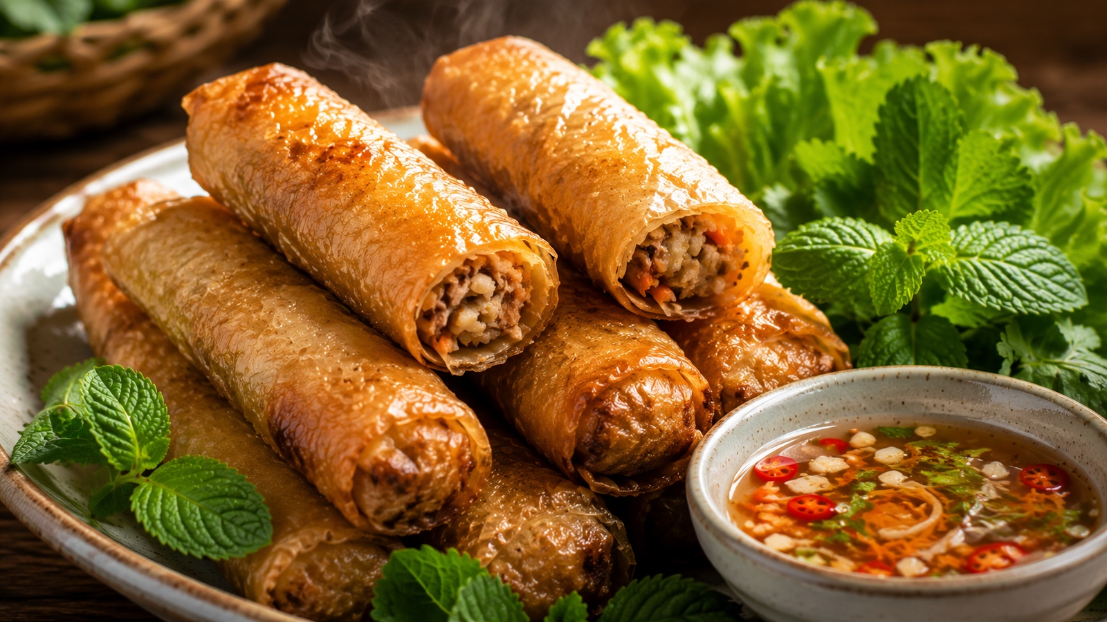 Crispy fried Vietnamese spring rolls (cha gio) with fresh herbs and nuoc cham dipping sauce