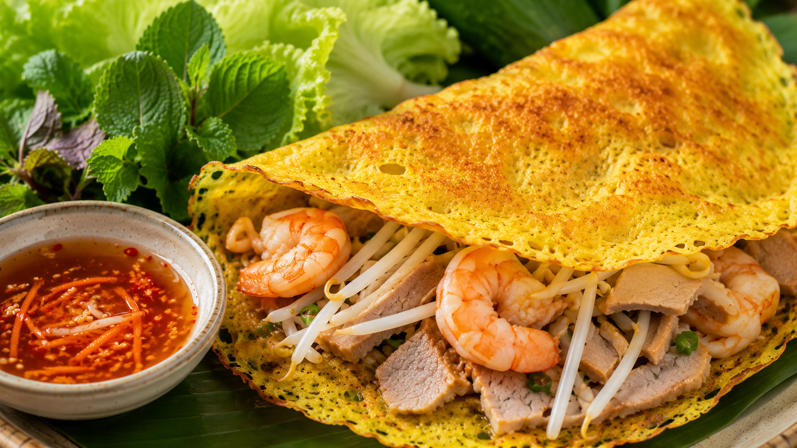 Crispy golden banh xeo Vietnamese crepe filled with shrimp and bean sprouts, with herbs and dipping sauce