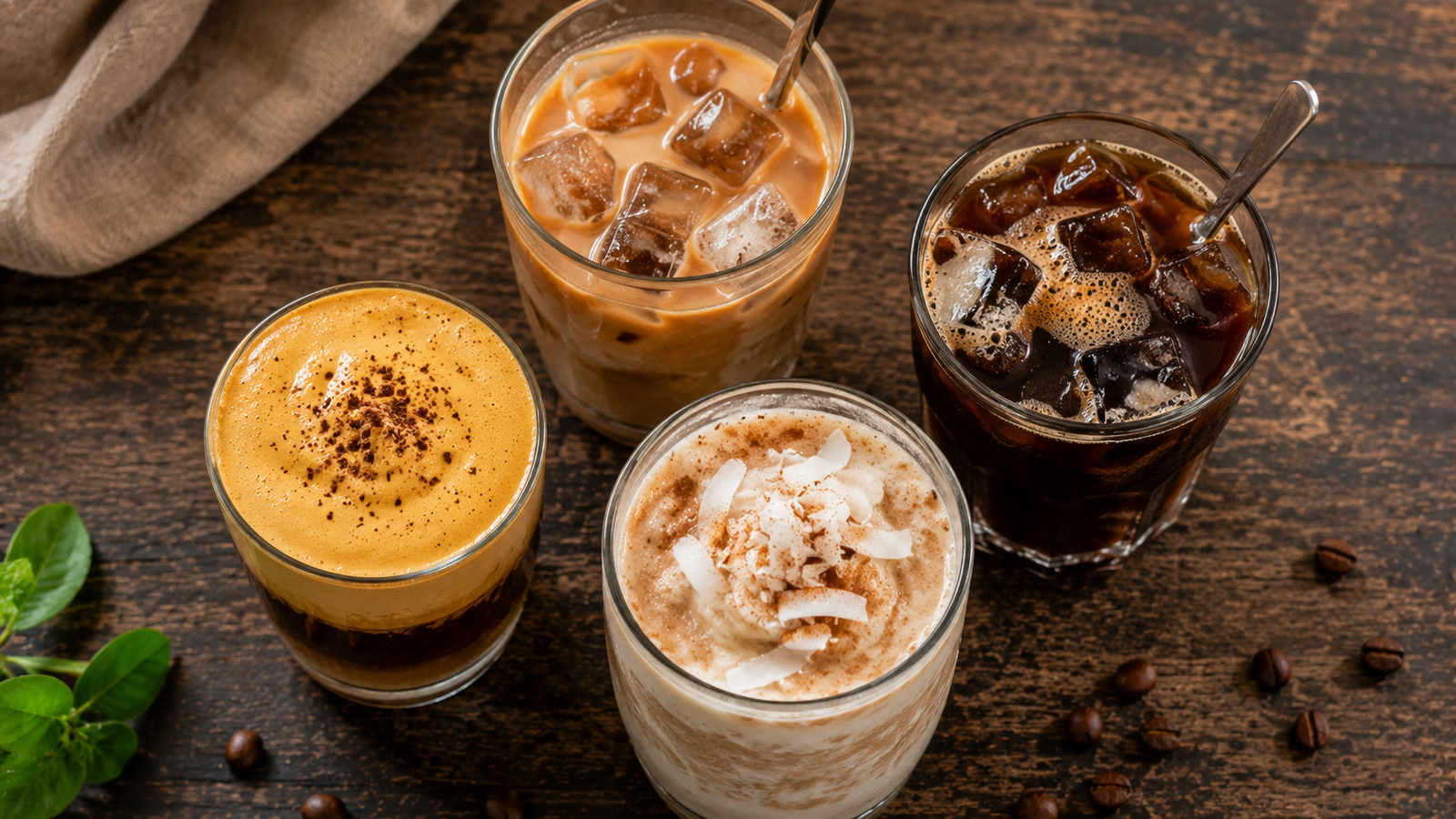 Different types of Vietnamese coffee including iced milk coffee, black coffee, egg coffee, and coconut coffee