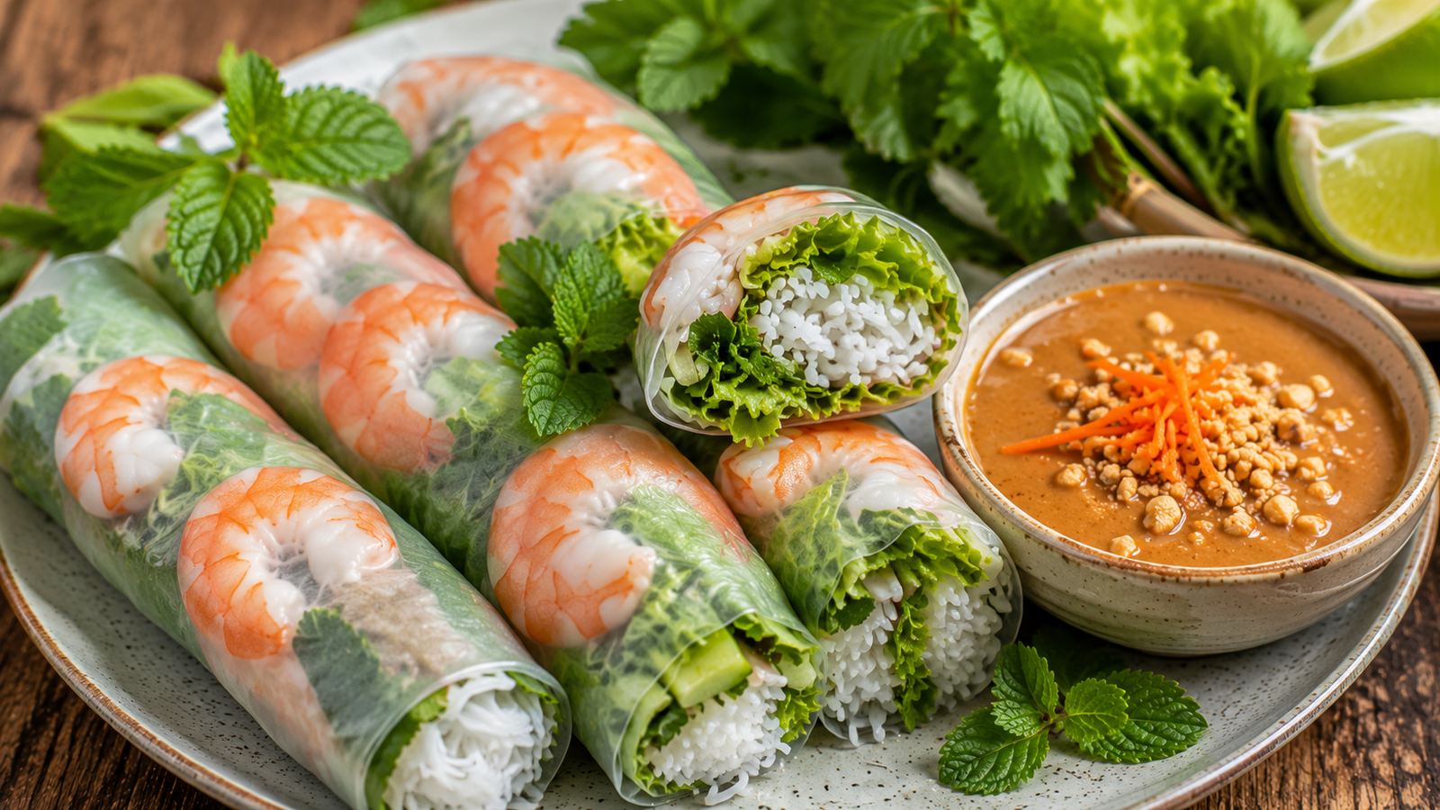 Fresh Vietnamese summer rolls (goi cuon) with shrimp, herbs, and vermicelli, next to peanut dipping sauce
