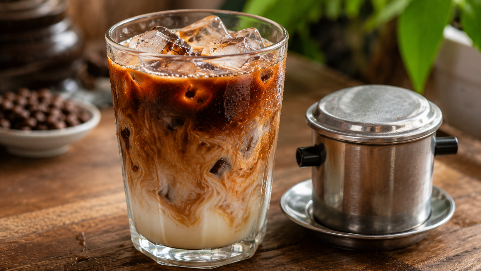 Glass of Vietnamese iced coffee with condensed milk and ice next to a metal phin filter
