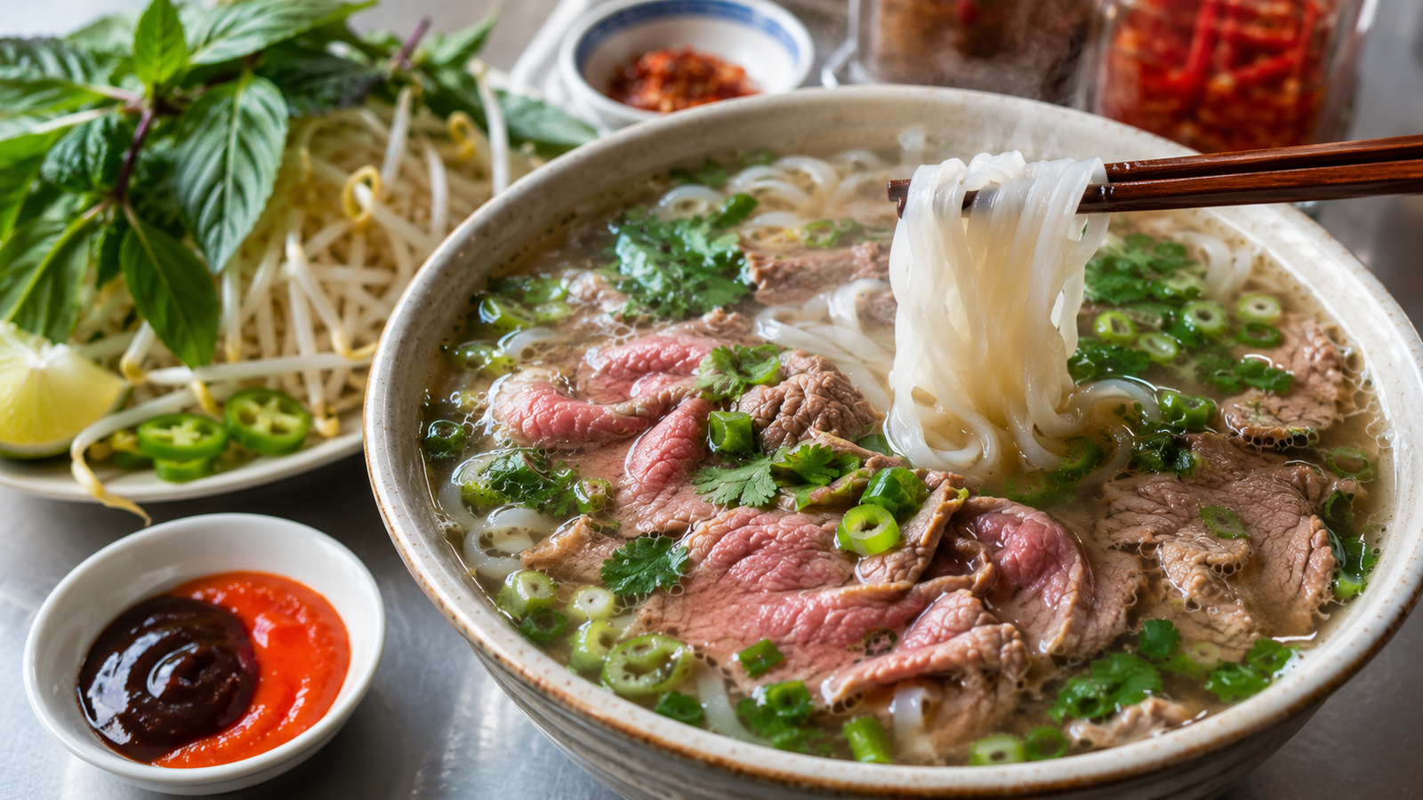Steaming bowl of Vietnamese beef pho with rare sliced beef, rice noodles, and fresh herbs