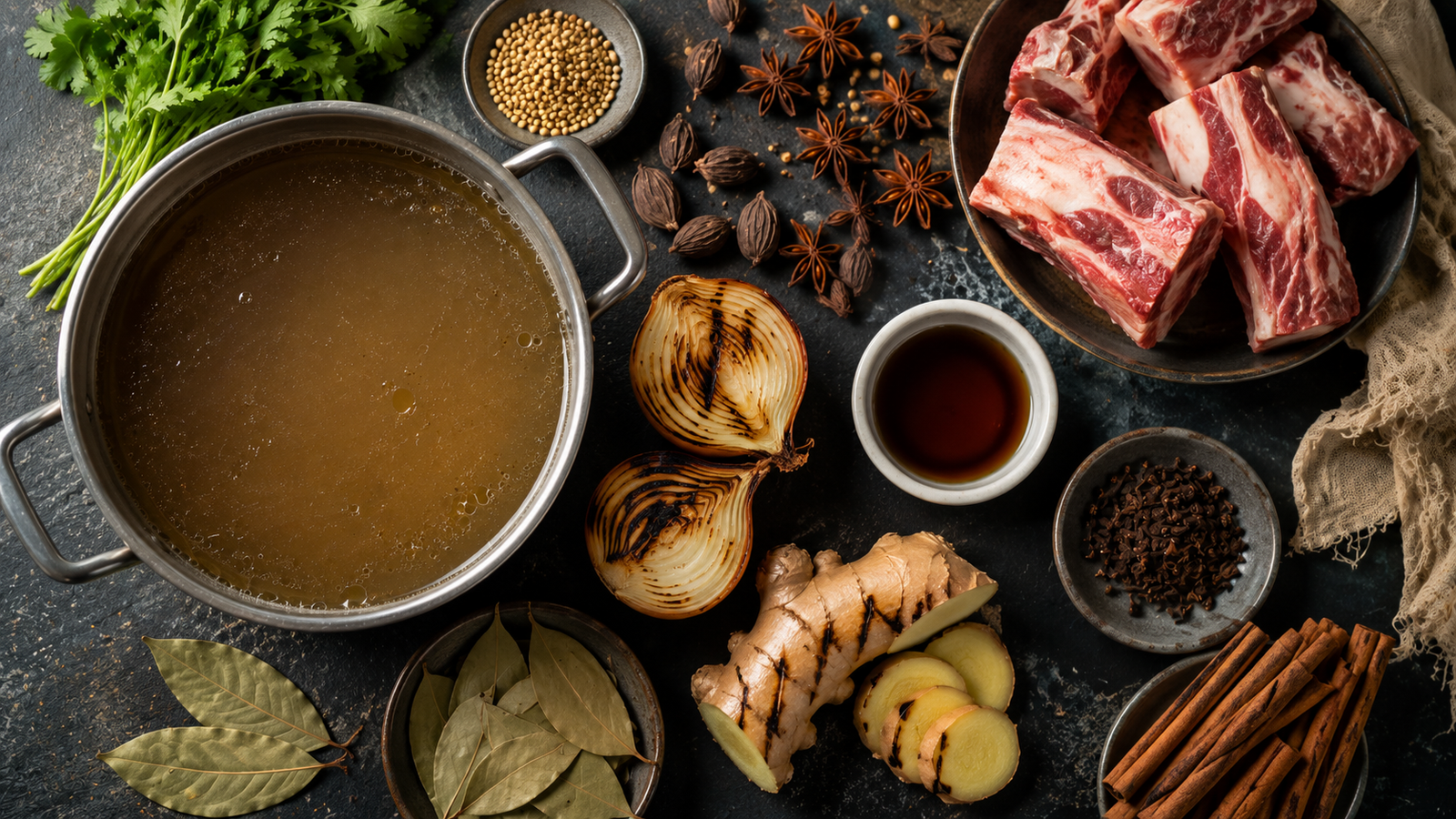 Pho ingredients including beef bones, charred onion and ginger, star anise, cinnamon, and cloves