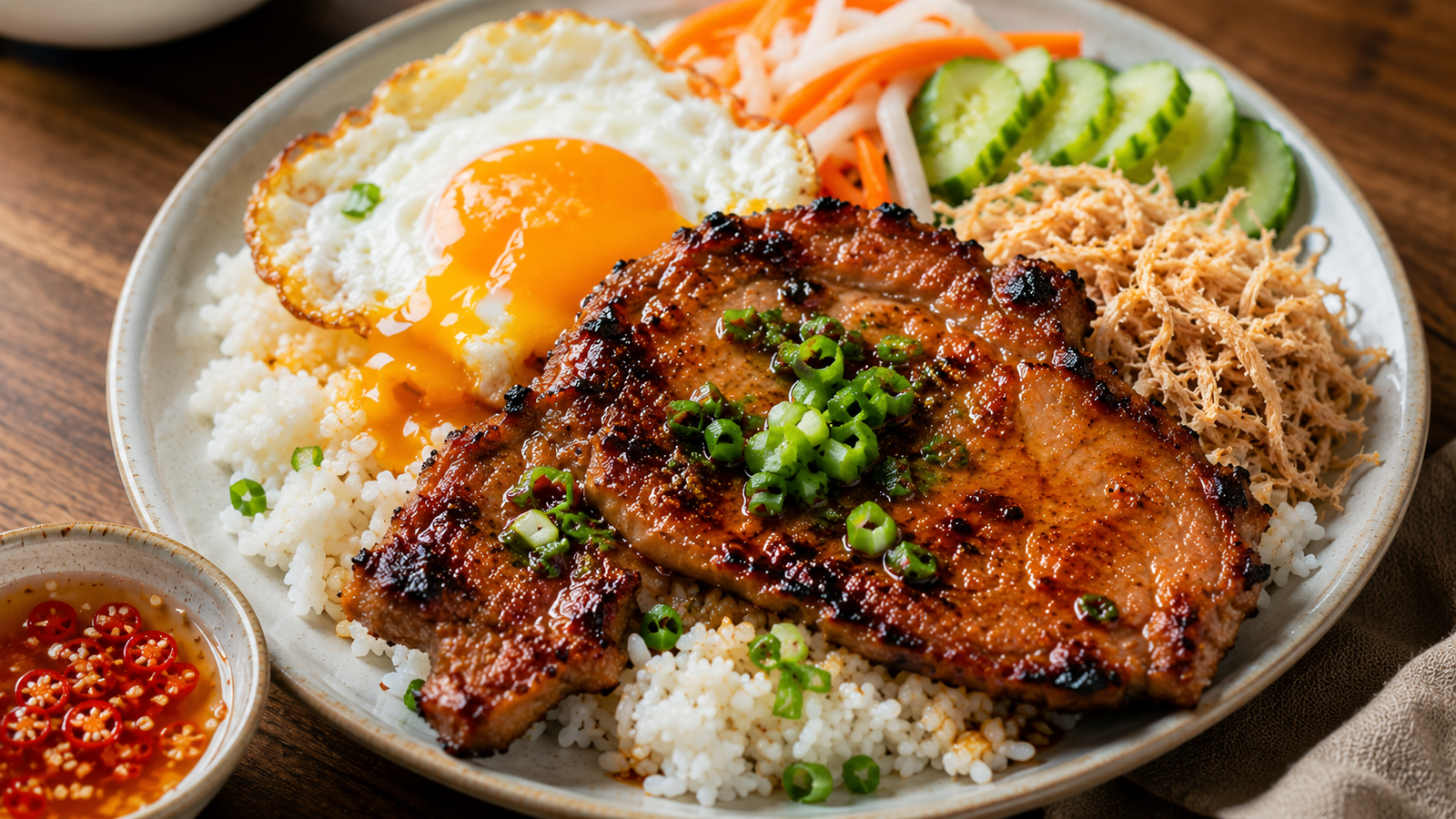 Plate of com tam with grilled pork chop, broken rice, fried egg, and pickled vegetables
