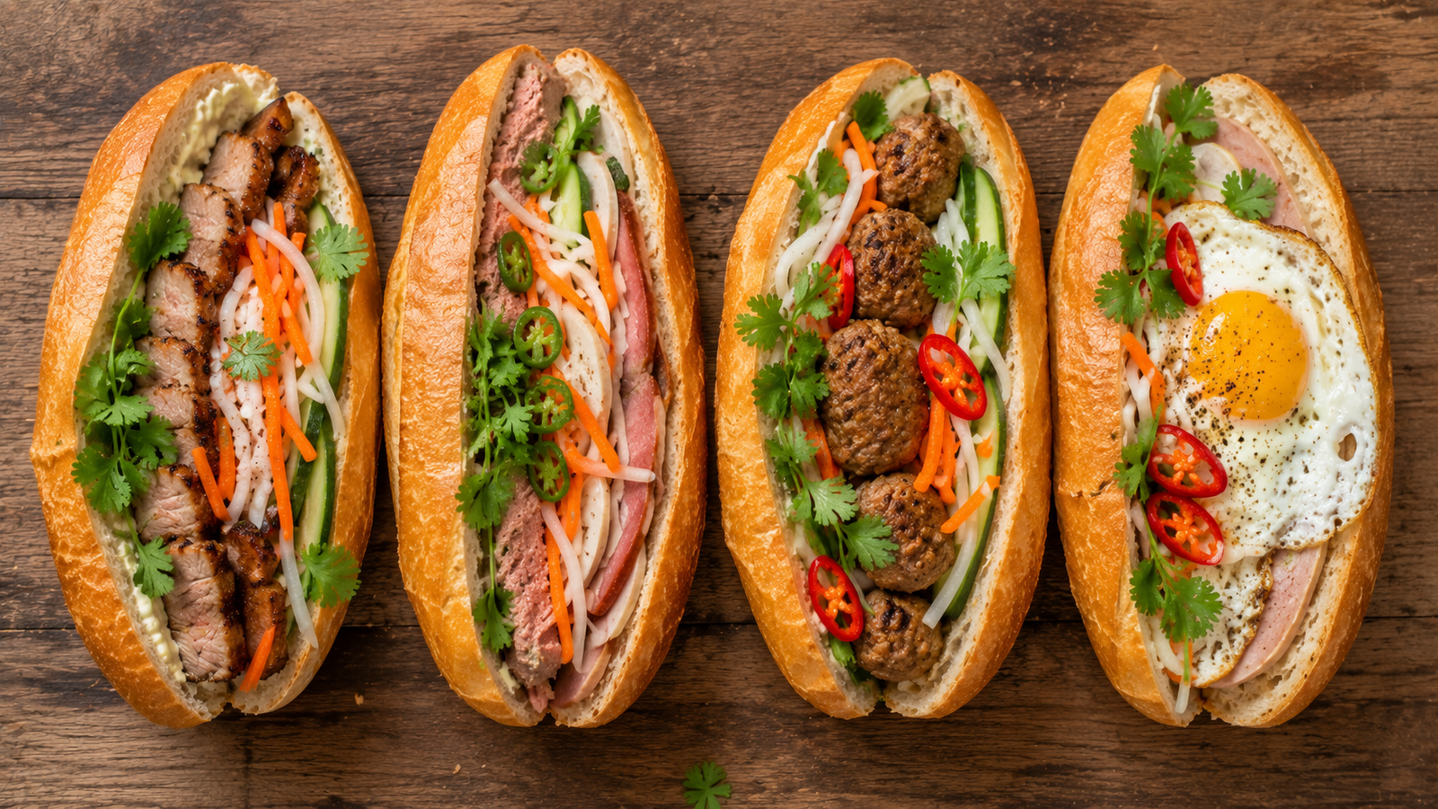Different types of Vietnamese banh mi sandwiches with various fillings