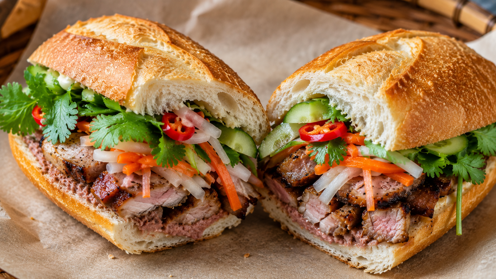 Vietnamese banh mi sandwich cut in half showing grilled pork, pickled vegetables, cilantro, and chili on a crispy baguette