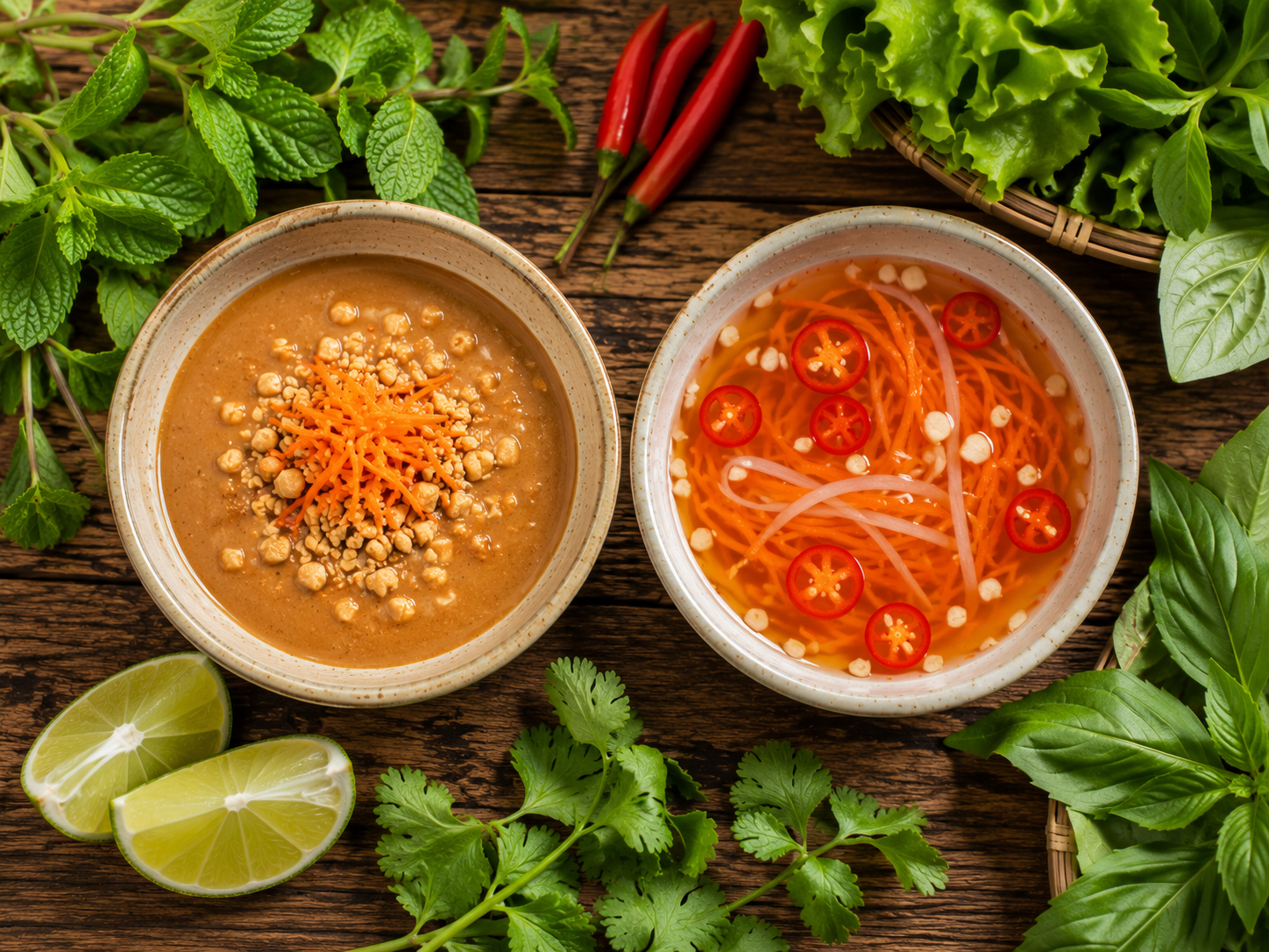 Vietnamese peanut sauce and nuoc cham dipping sauces