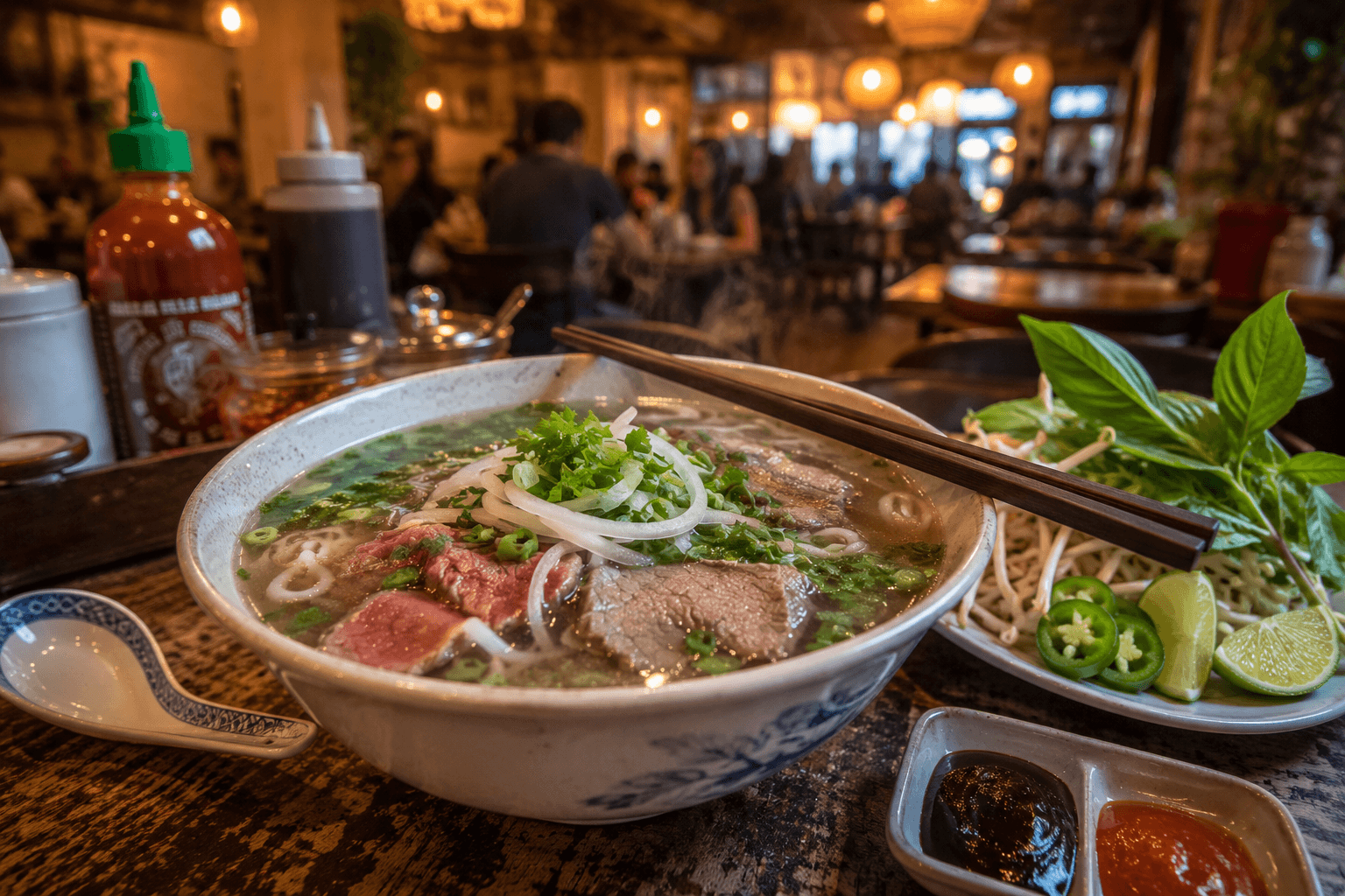 A steaming bowl of pho at a Houston Vietnamese restaurant