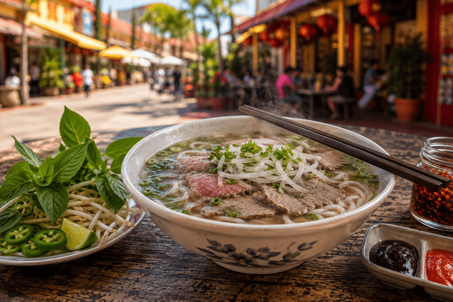 A steaming bowl of pho at a Little Saigon restaurant in Westminster, California