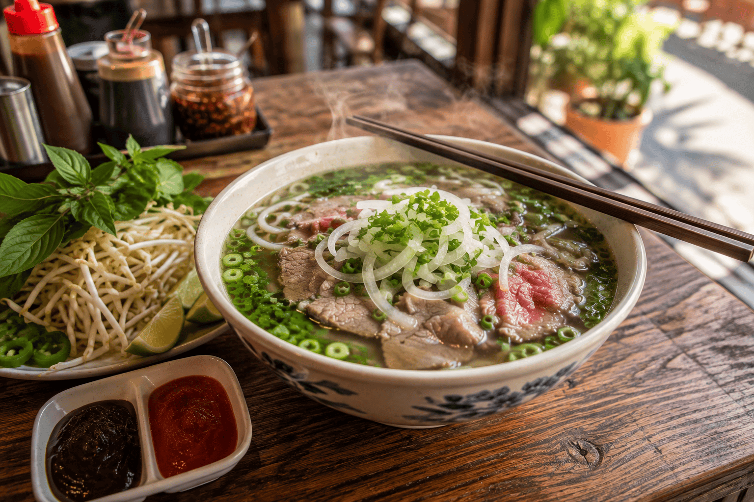A steaming bowl of pho at a Vietnamese restaurant in San Jose, California