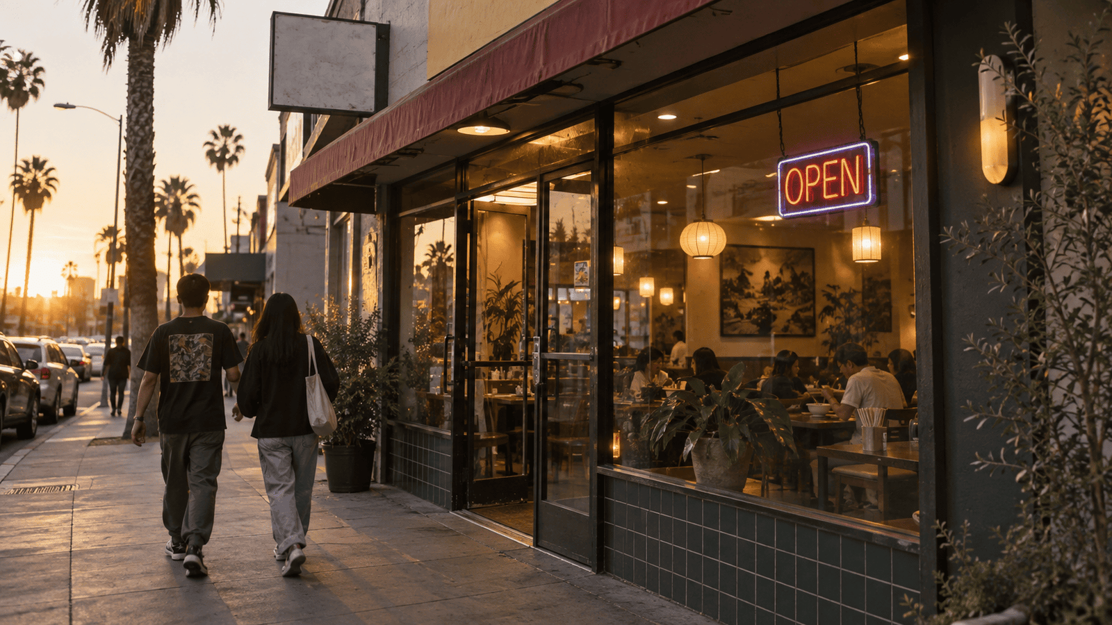 small independent pho restaurant storefront on a Los Angeles commercial strip